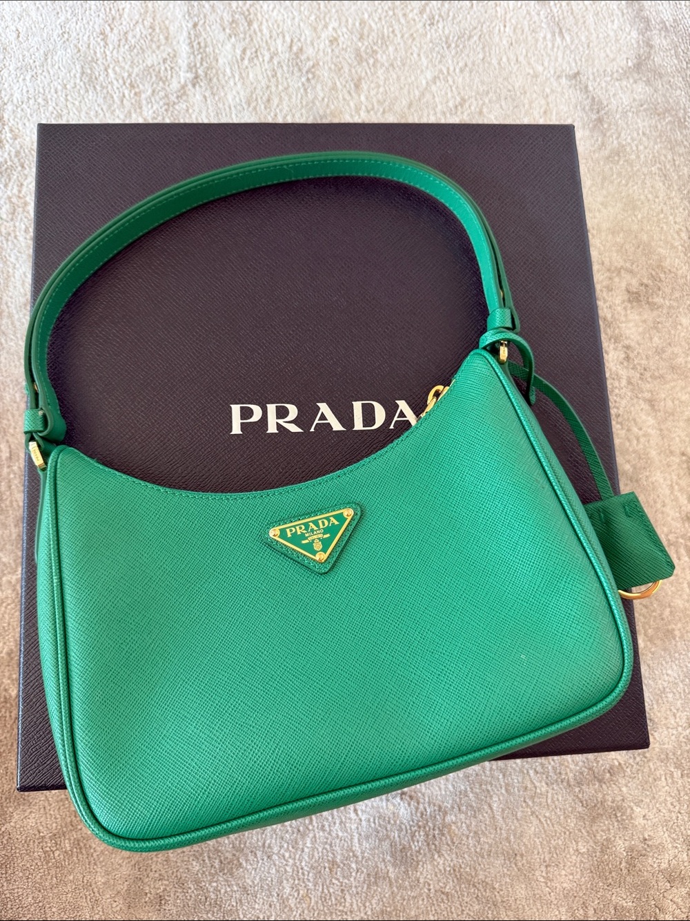 Prada Emerald Saffiano Leather Shoulder Bag with Gold-Tone Logo